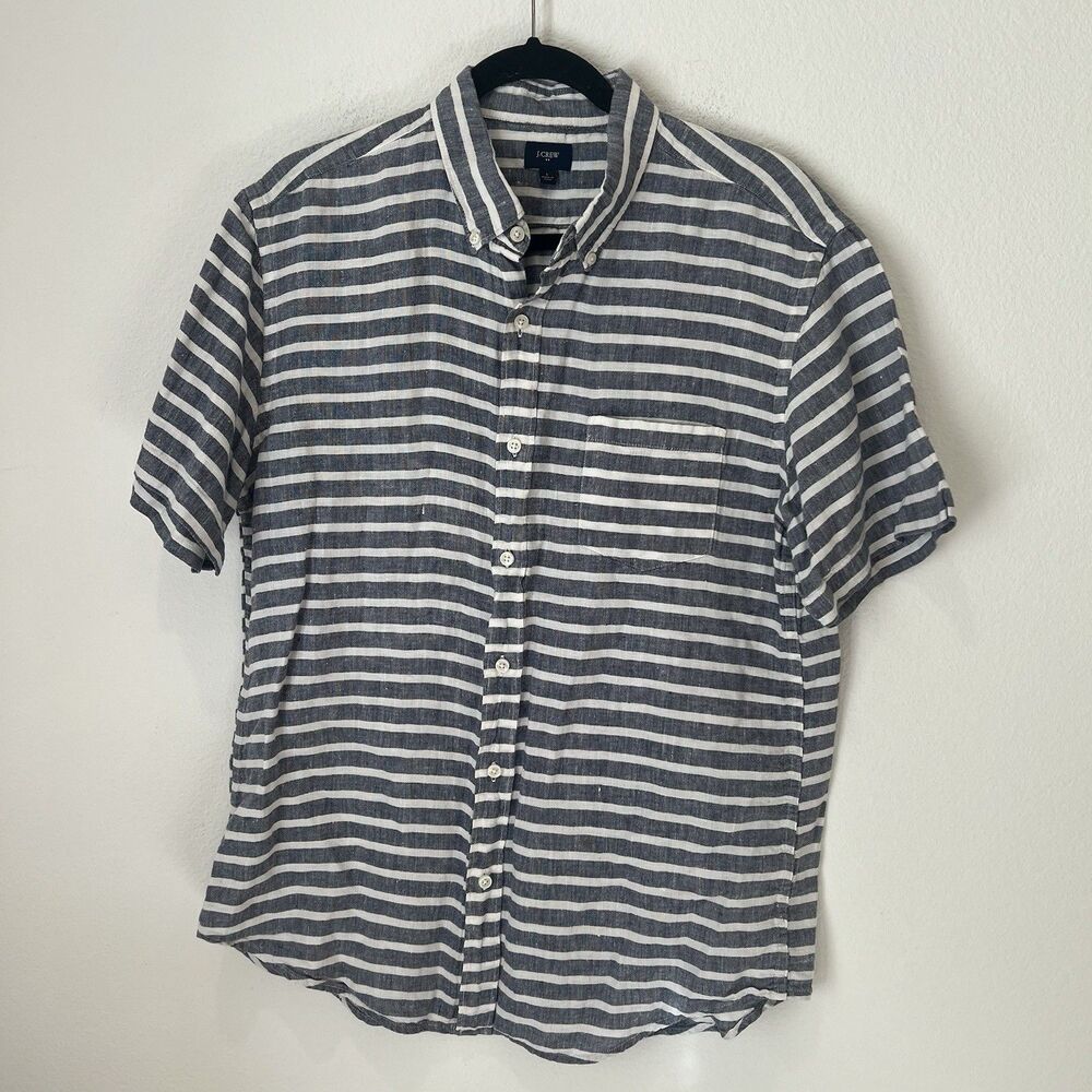 J. CREW 100% Linen Nautical Striped Short Sleeve Button Up Size Large Vacation